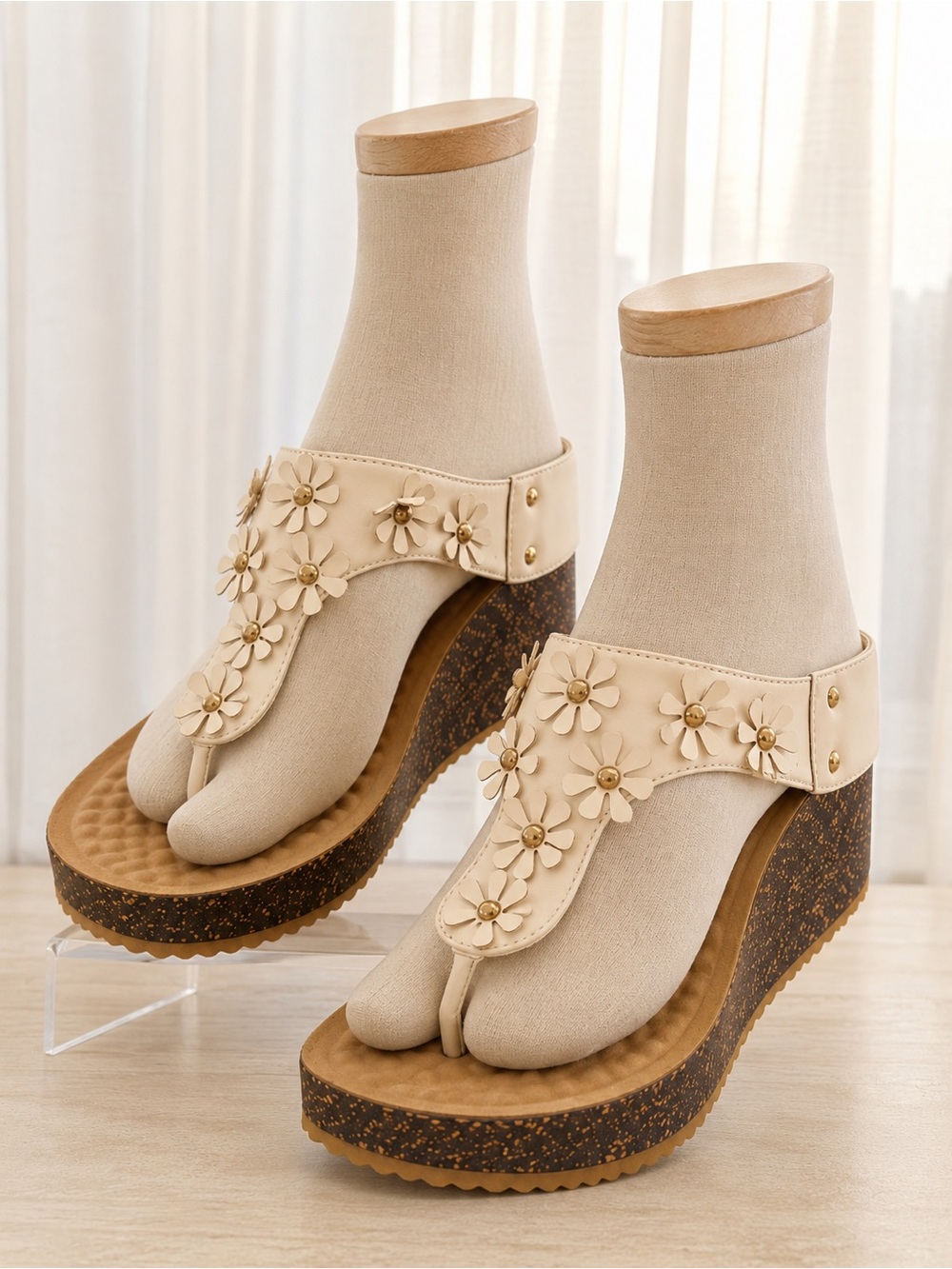 Women’s white Floral Thong Wedge Sandals